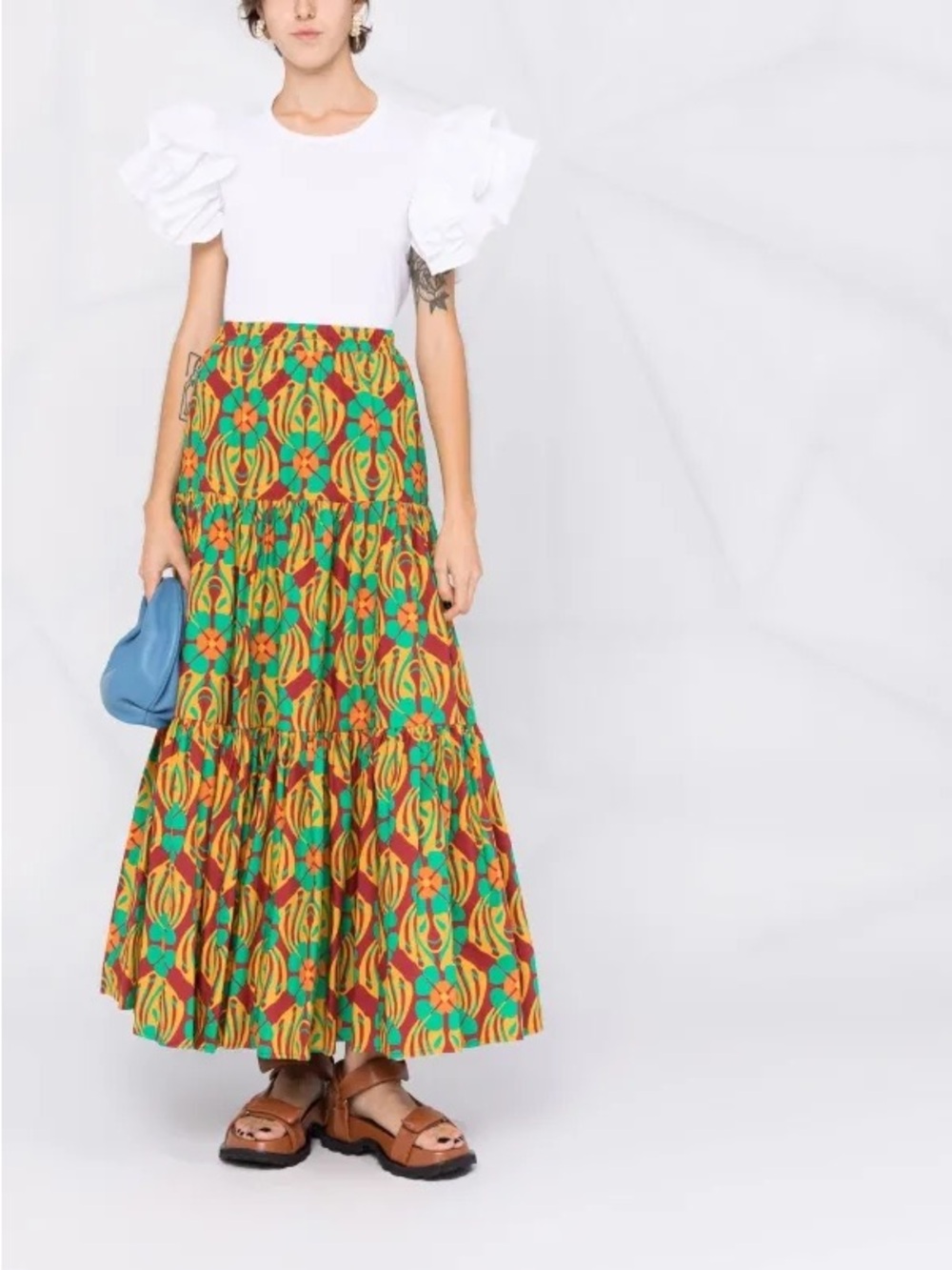 LA DoubleJ Green, Orange & Yellow Graphic-Tiered Maxi Skirt size small